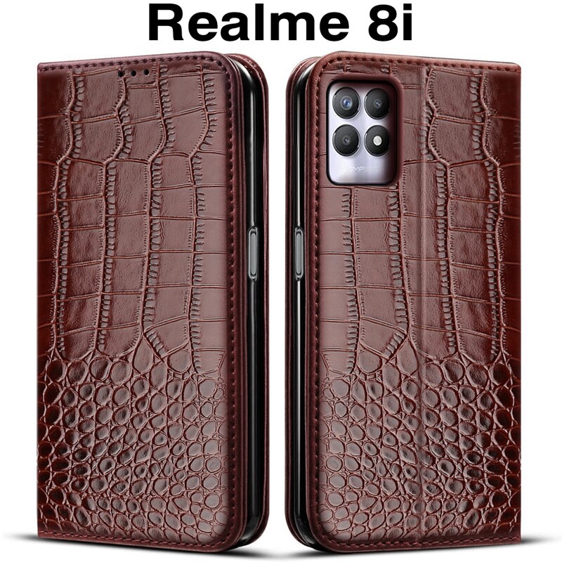 Étui portefeuille à rabat en cuir pour Realme 8i RMX3151, coque de protection pour téléphone: Deep Brown