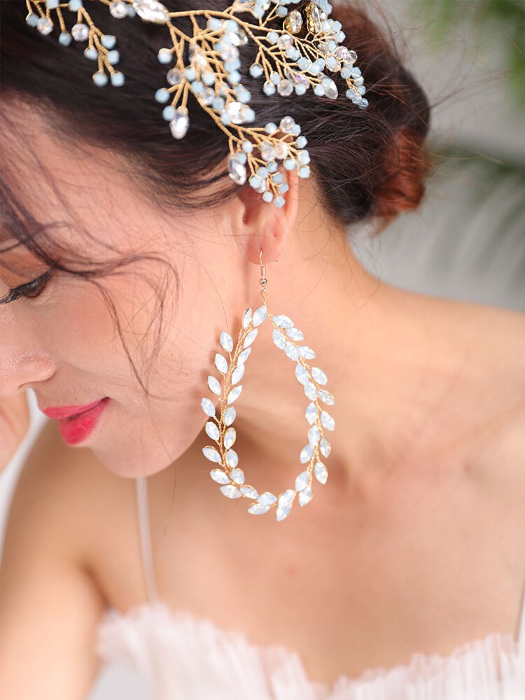 Ensemble de bijoux de mariage dorés Vintage, bandeaux et boucles d'oreilles, accessoires pour cheveux en cristal faits à la main, accessoires pour cheveux diadème de mariée