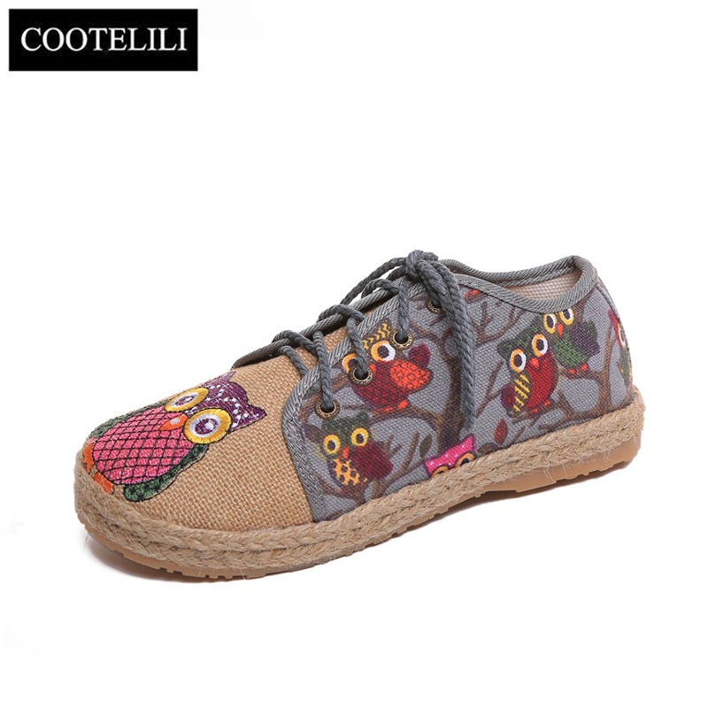 Cootelili oxford platta skor dam loafers lin slip on rund tå uggla tryck andas feminino röd grå blå stl 35-40