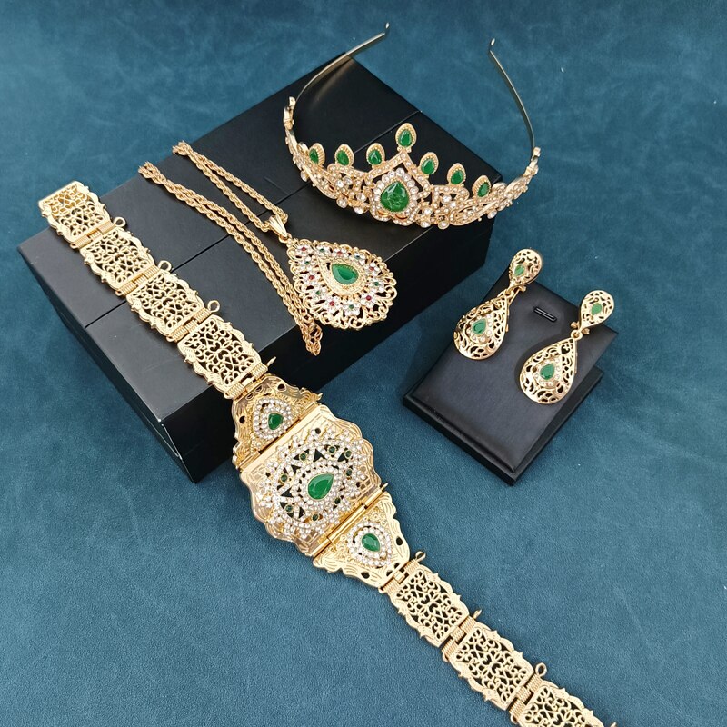 Set di gioielli da sposa arabi, catena in vita dorata, orecchini, collane, Set di copricapo da donna con catena in vita marocchina: set  1