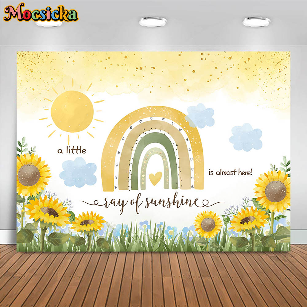 Mocsicka Boho Rainbow Baby Shower Background Sunflower A Little Ray of Sunshine is almost Here Backdrop Girl Welcome Party Decor