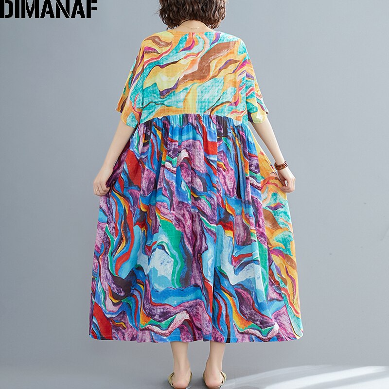 DIMANAF Plus Size Women Dress Summer Sundress Beach Style Cotton Lady Print Dress Female Vestidos Loose Pleated Casual Clothing