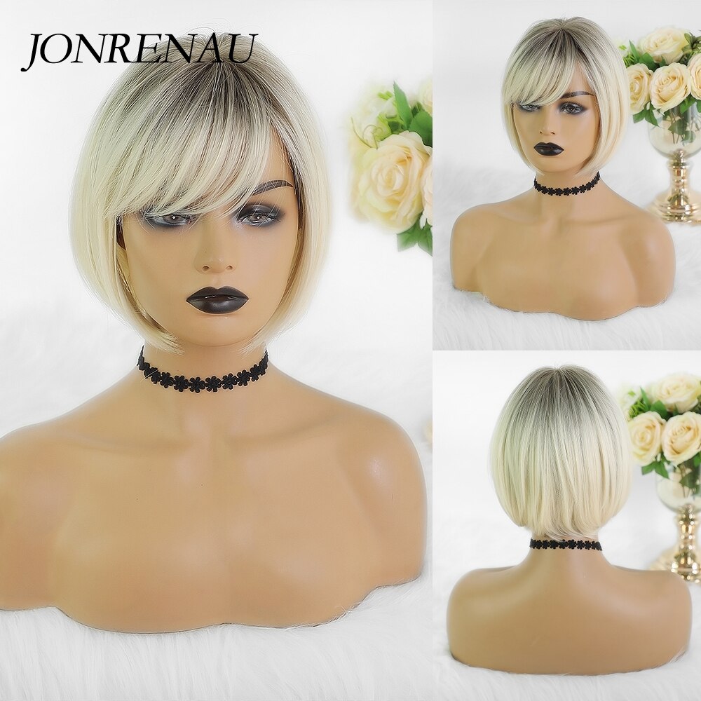 Jonrenau kort bob svart rot platina hår med lugg i sidan syntetisk cosplay peruk för tjej kvinnor färgglada kostym peruker