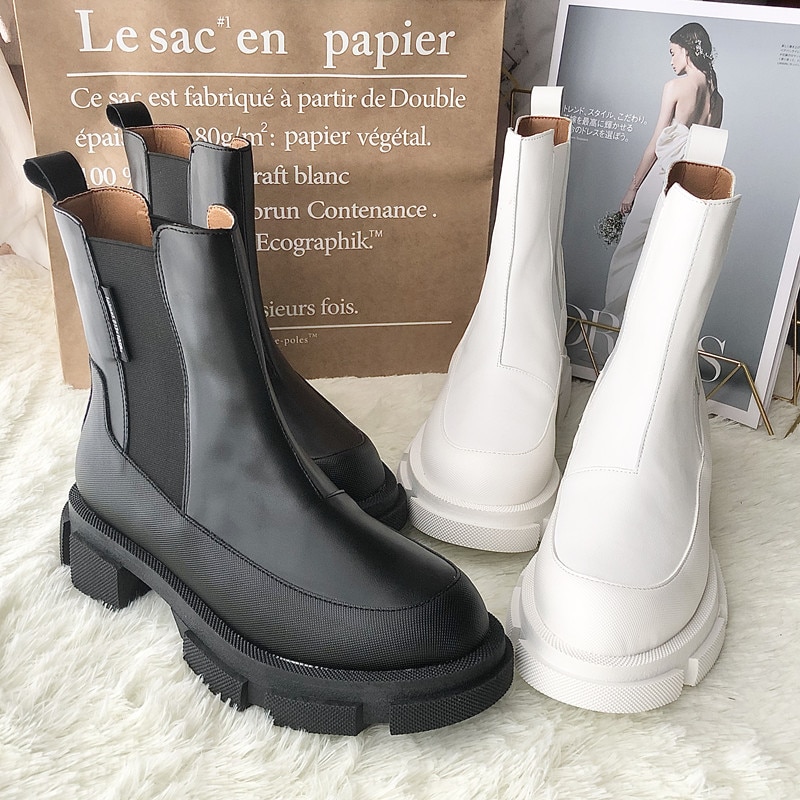 Kvinder chelsea støvler tyk sål platform korte støvletter slip-on motorcykel støvler sort hvid efterår sko botas mujer