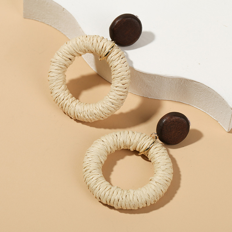 Simple Trendy Boho Handmade Round Vine Rattan Straw Woven Earrings For Women Bohemian Wooden Dangle Earring Jewelry