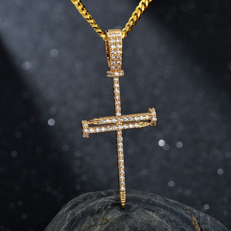 Cross Pendant Hip Hop Nail Cross Pendant Necklace CZ Stones Stainless Steel Chain Necklaces For Men Women