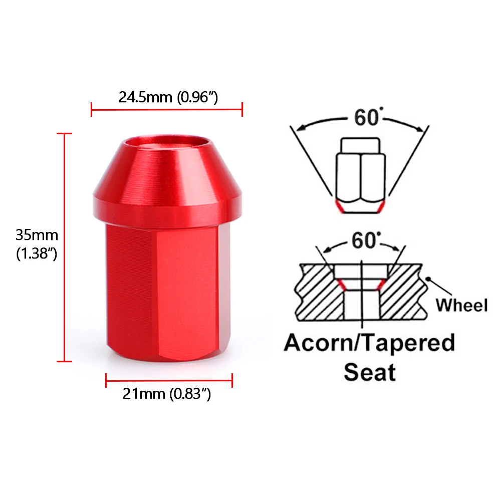Auto-Diebstahlschutz-Radsicherungsmuttern aus 6061-Aluminiumlegierung, Länge 35 mm, M12 x 1,5 M12 x 1,25 Jdm, Aftermarket-Radmuttern
