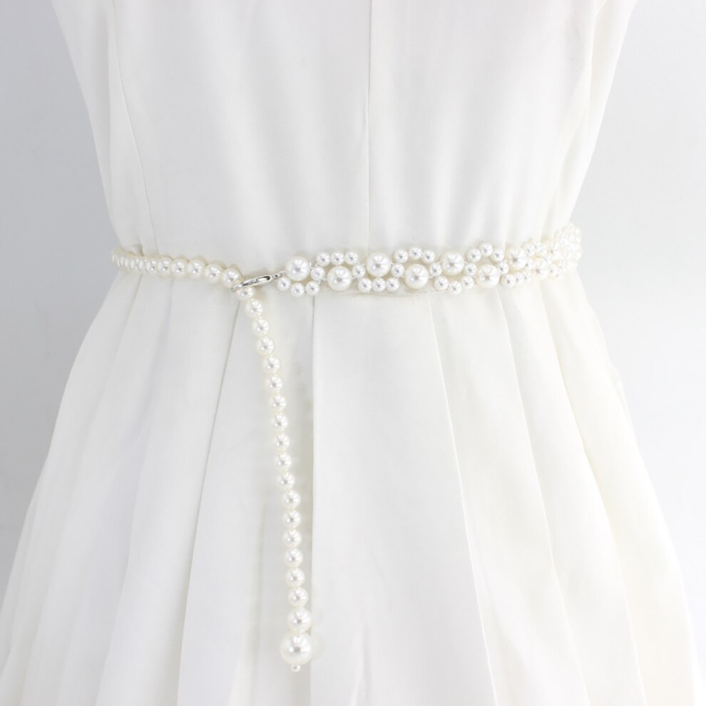 Cinturones molanes de diamantes de imitación para mujer, cinturón de perlas, cinturón de cintura con hebilla elástica, cinturón de cadena de perlas, correa de vestido para niña y mujer, boda: B