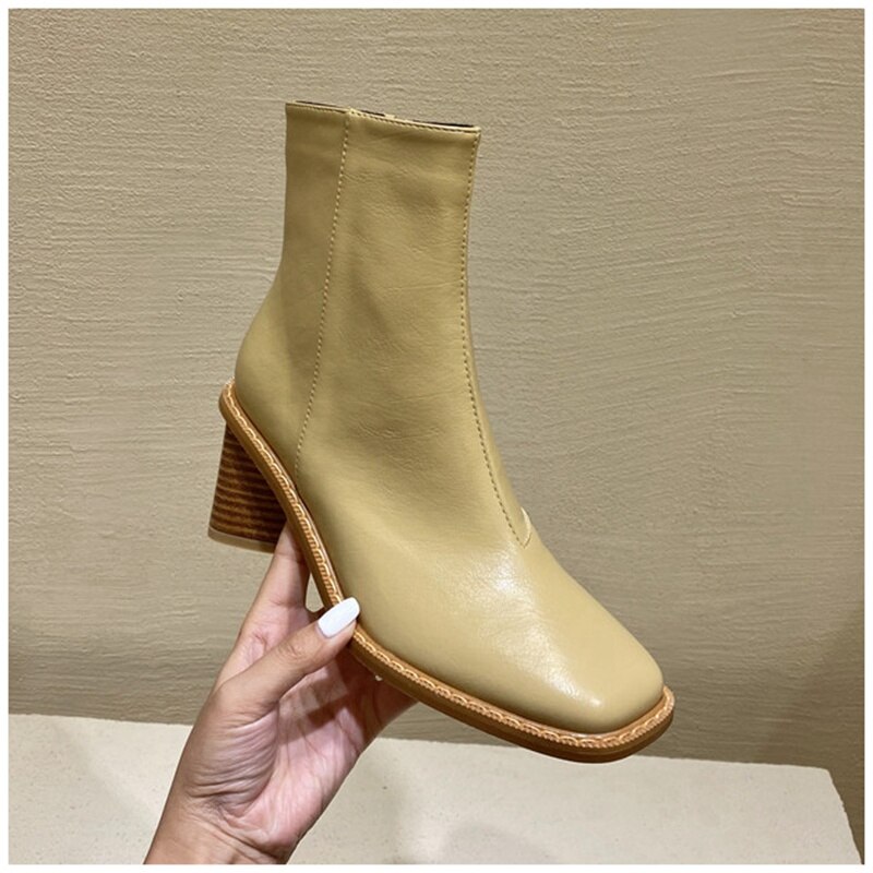 Suojialun dames enkellaarsjes met vierkante houten blokhak dames korte laarzen winter dames chelsea boots damesschoenen: Geel / 36