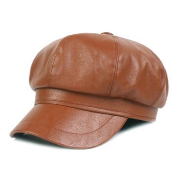 SILOQIN Lady Brands Cap Autumn Winter Women's Hats PU Faux Leather Newsboy Caps Snapback Hat Female Student Hat: coffee