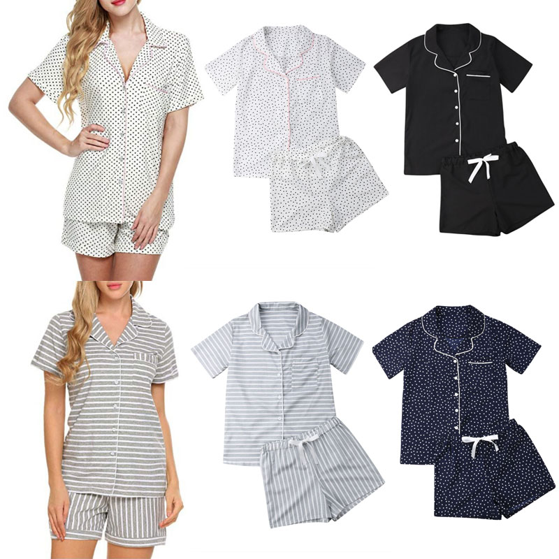 Afslappet kvinder løse pyjamas sæt prik print sommer korte ærmer skjorter+bukser nattøj nattøj kvinde pyjamas hjemmetøj robe