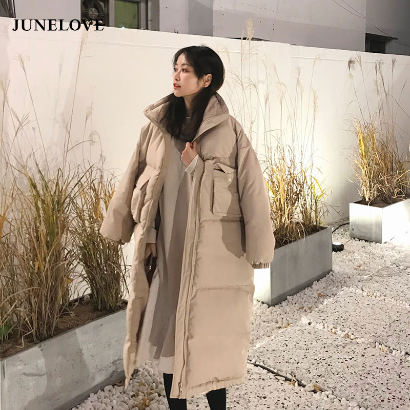 Junelove women& #39 ;s oversize over knæ lang varm frakke vintage vinter bomuldspolstret jakke parkas afslappet koreansk kvindelig tykt outwear