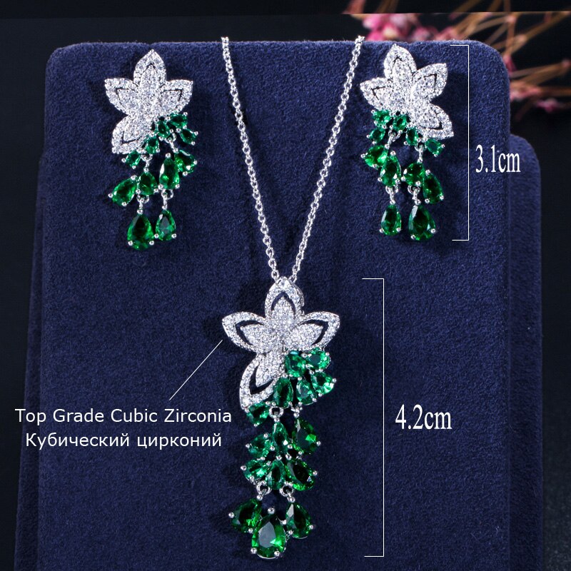 CWWZircons Cubic Zirconia Tassel Flower Earrings and Pendant Necklace Ladies Jewelry Sets T334