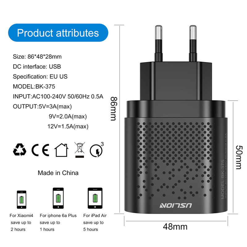 Uslion Eu/Us Plug Usb Charger 3A Quik Lading 3.0 Mobiele Telefoon Oplader Voor Iphone 11 Samsung Xiaomi 4 poort 48W Snel Muur Laders