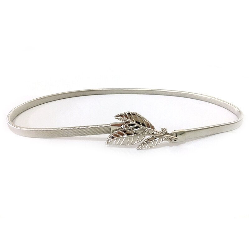 Cinturón de hebilla de metal de hojas de flores para mujer, cinturón de cadena de cintura elástica para mujer, cinturón de mujer fino dorado pasek damski: Silver 70-90cm