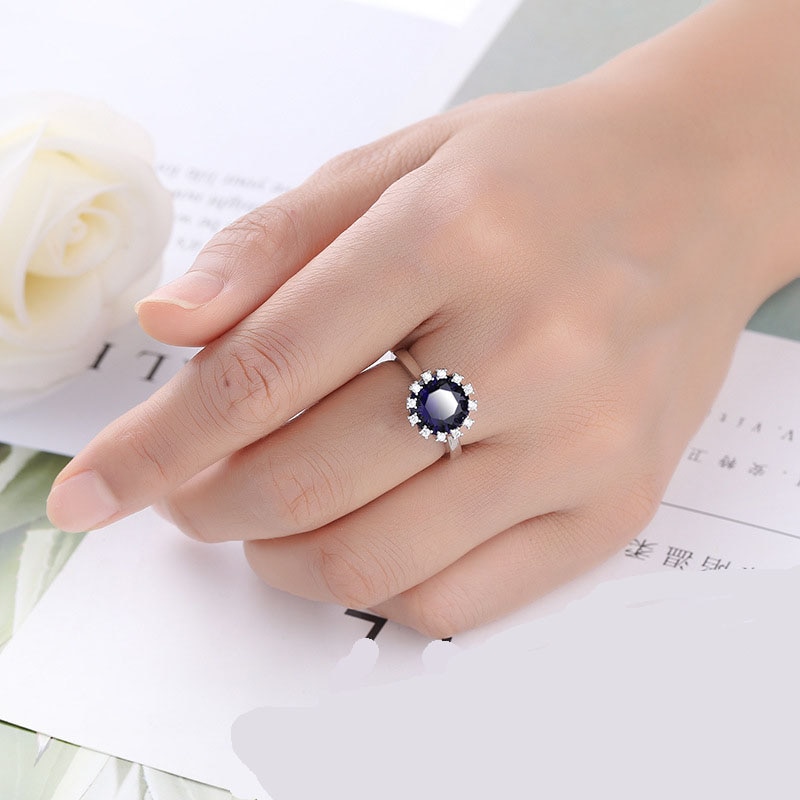 Anillo de compromiso de Color plata auténtica para mujer, joyería de boda, 1Ct, azul, CZ