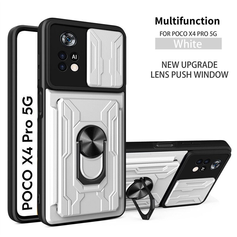 Voor Xiaomi Poco X4 Pro 5G Case Magnetische Ring Houder Armor Cases Voor Pocophone X4Pro PocoX4 Pro Poko X 4 Pro Card Slot Back Cover: White