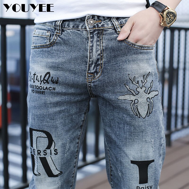 Pantalones vaqueros rectos para hombre, Jeans ajustados con taladro de insectos, ropa de calle informal de , novedad de