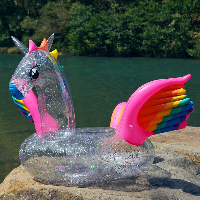 180cm Opblaasbare Holografische Glitter Eenhoorn Pool Float Transparante Regenboog Pegasus Paard Zwemmen Ring Volwassen Kids Water Fun Speelgoed