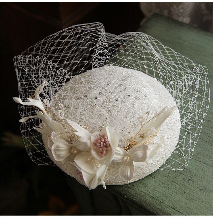 Chapeau de mariage pour femme, en lin Beige, Vintage, fait à la main, voile de visage avec peigne