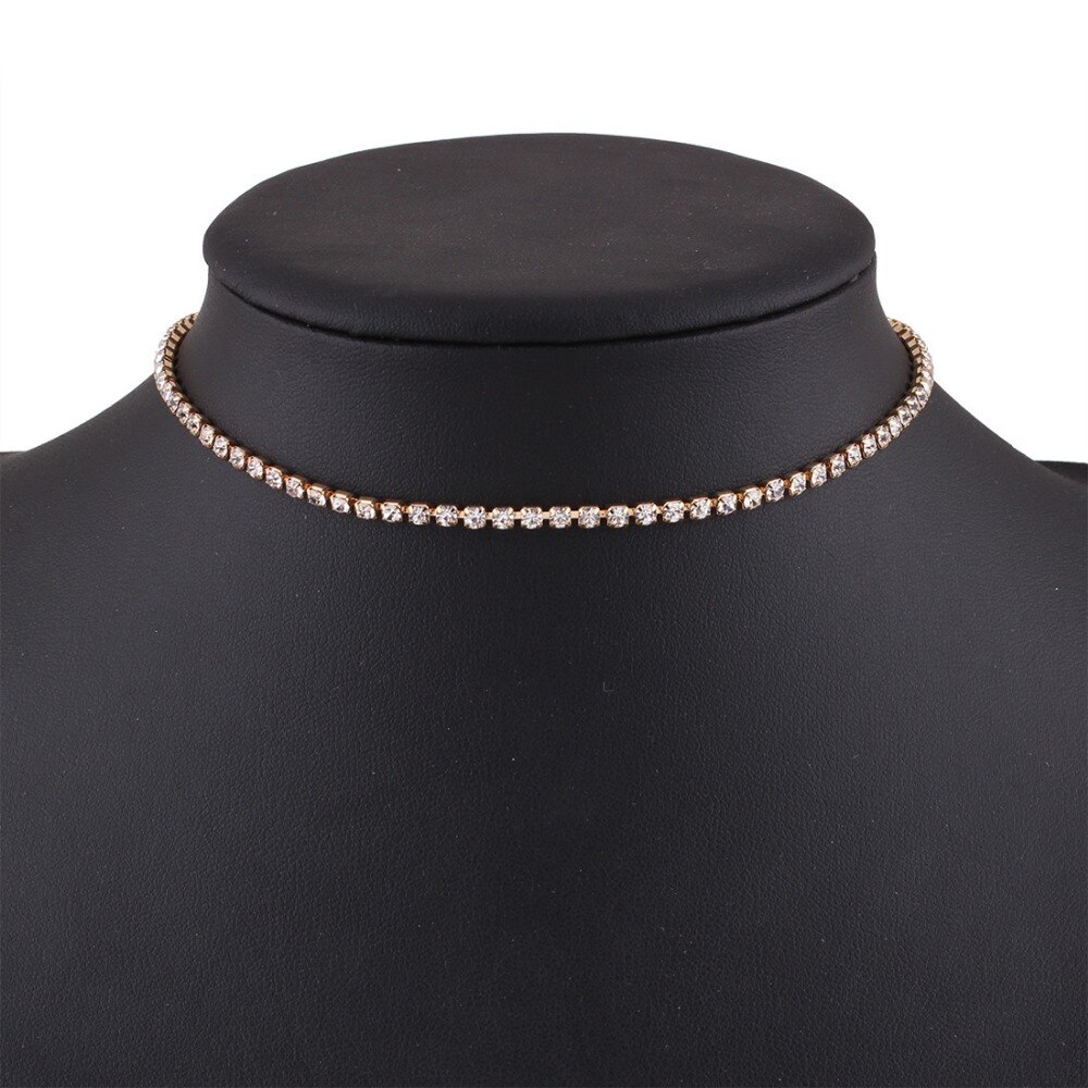 skysuk Simple 1 Row Rhinestone Crystal Choker Necklace for Women Wedding Party Shiny Chain Chokers Jewelry Collier Femme: gold color