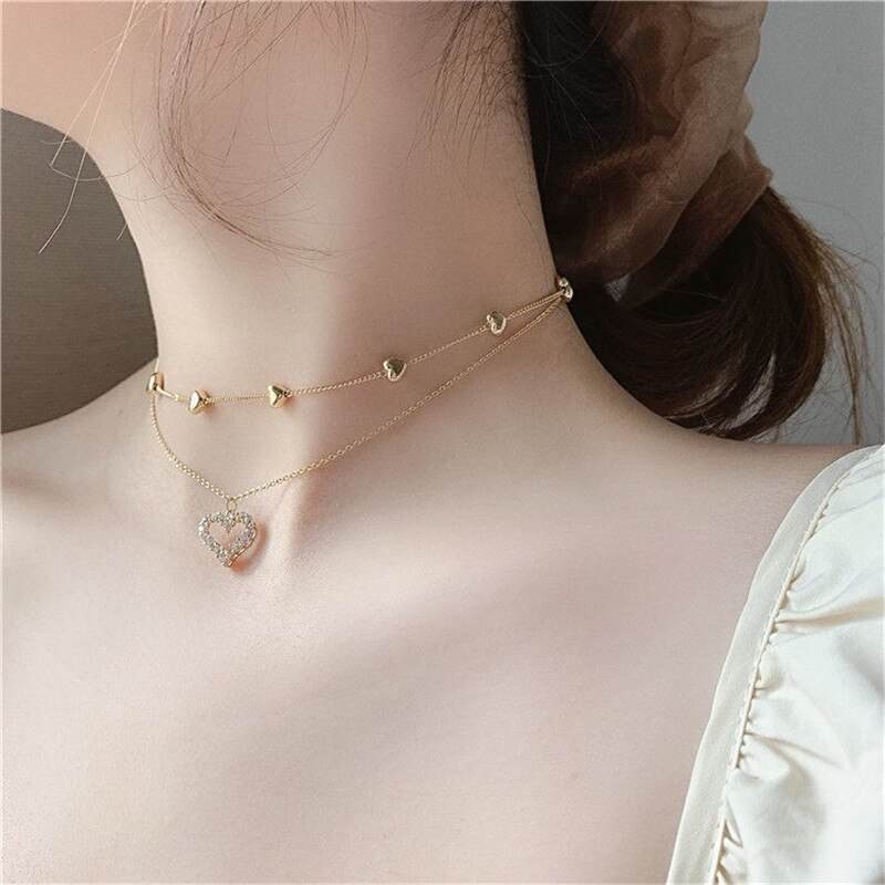 Double layer Chain Heart Choker Necklace For Women Gold Chain Korean Style Collar Female Chocker Aesthetic Jewelry