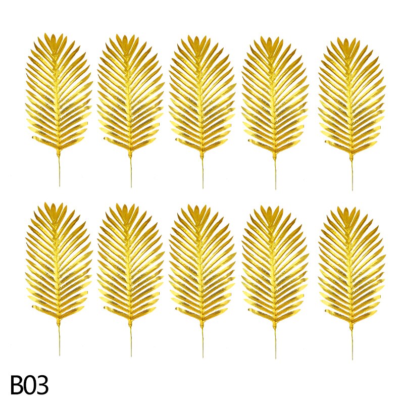Złote sztuczne rośliny plastikowe tropikalne liście palma akcesoria robić dekoracji ogrodu dekoracja ślubna kwiat liści: B03