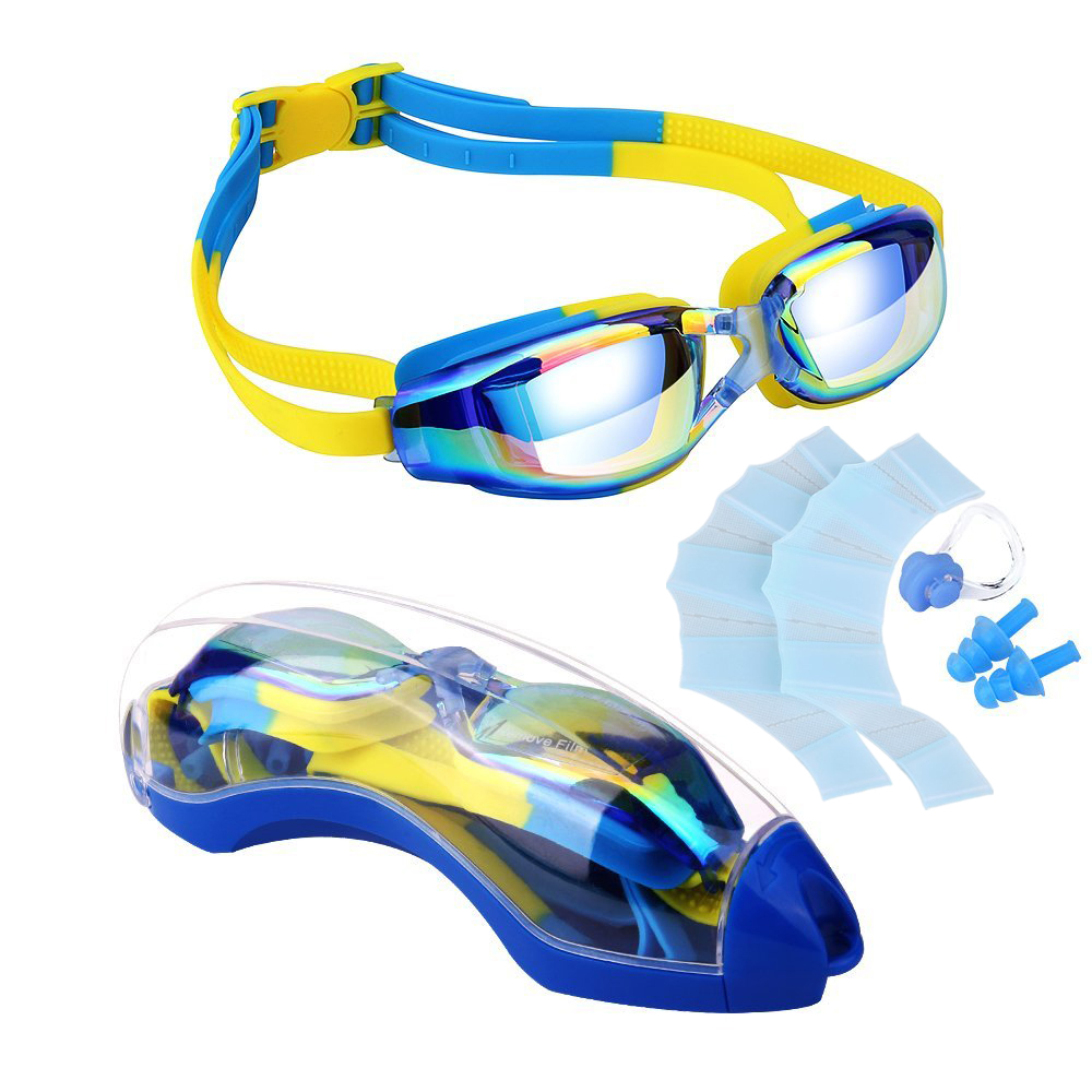 Kids Zwembril + Zwemvliezen handschoenen + Case + Neus + Oordoppen Set HD anti-condens Uv-bescherming Swim Bril op zwembad: Blauw