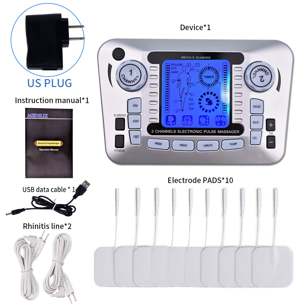 Tens EMS Muscle Stimulator 12Modes Electric Pulse Massager Digital Therapy Machine Massager Pain Relief Tool Health Care Machine: Type 1 US Plug
