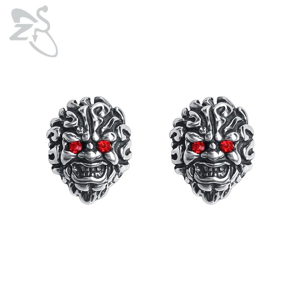 ZS Punk Rock 316L Stainless Steel Stud Earrings for Men 2 Pcs Hip Hop Skull Earring with Red CZ Stone Male Biker Gothic Jewelry