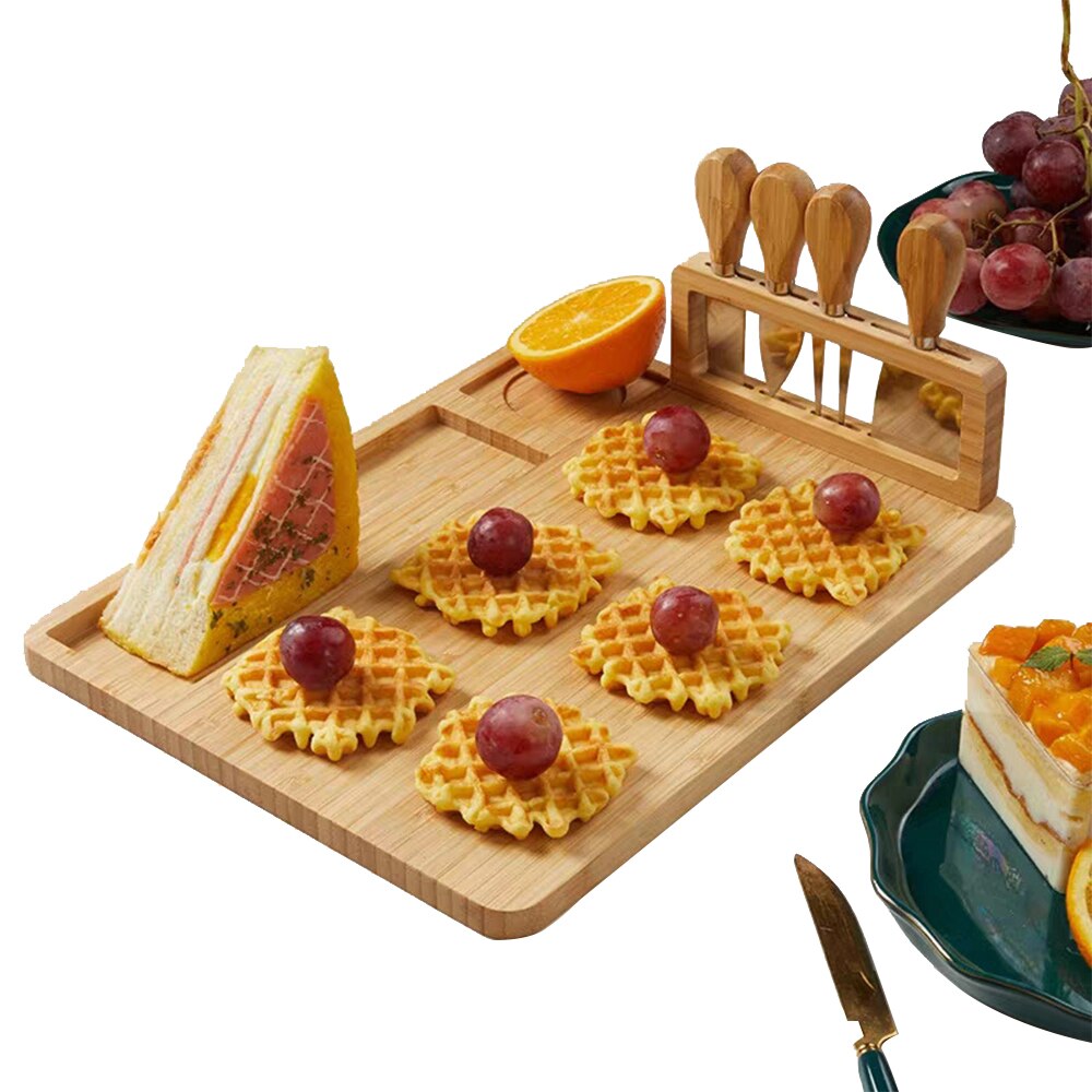 Bamboo Cheese Board Cutlery Knif Set With Slide Out Drawer 4 Knives Cooking Tools Cheese Knife Cheese Slicer Fork Scoop