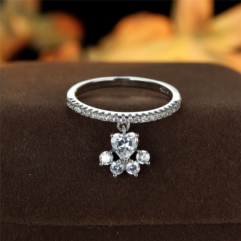Bague patte de chien en Zircon blanc, pendentif patte de chat mignon, anneau en pierre de cœur d&#39;amour, Vintage, couleur or argent, empreintes d&#39;animaux pour femmes