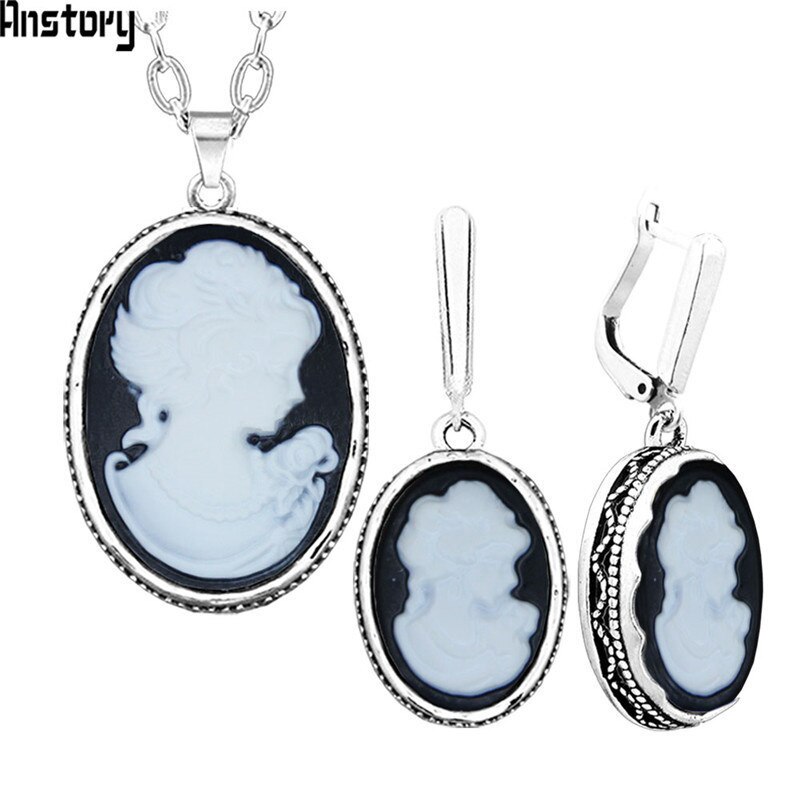 Lady Queen Cameo Jewelry Sets Vintage Necklace Earrings Jewelry Sets For Women Flower Pendant Party Sets: White Set