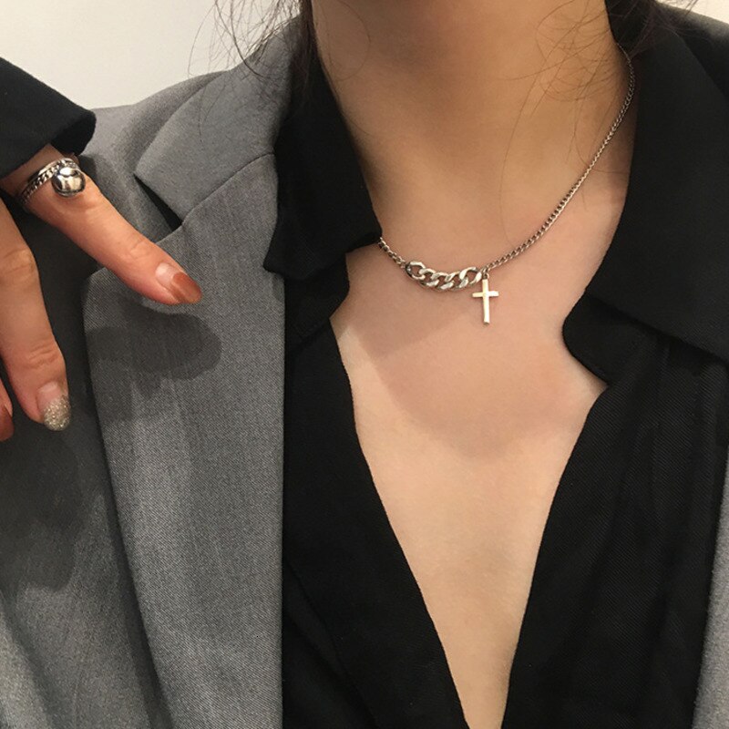 Kpop Vintage Stainless Steel Cross Short Necklace Sweater Chain For Men Woman Statement Egirl Bff Harajuku Party Jewelry