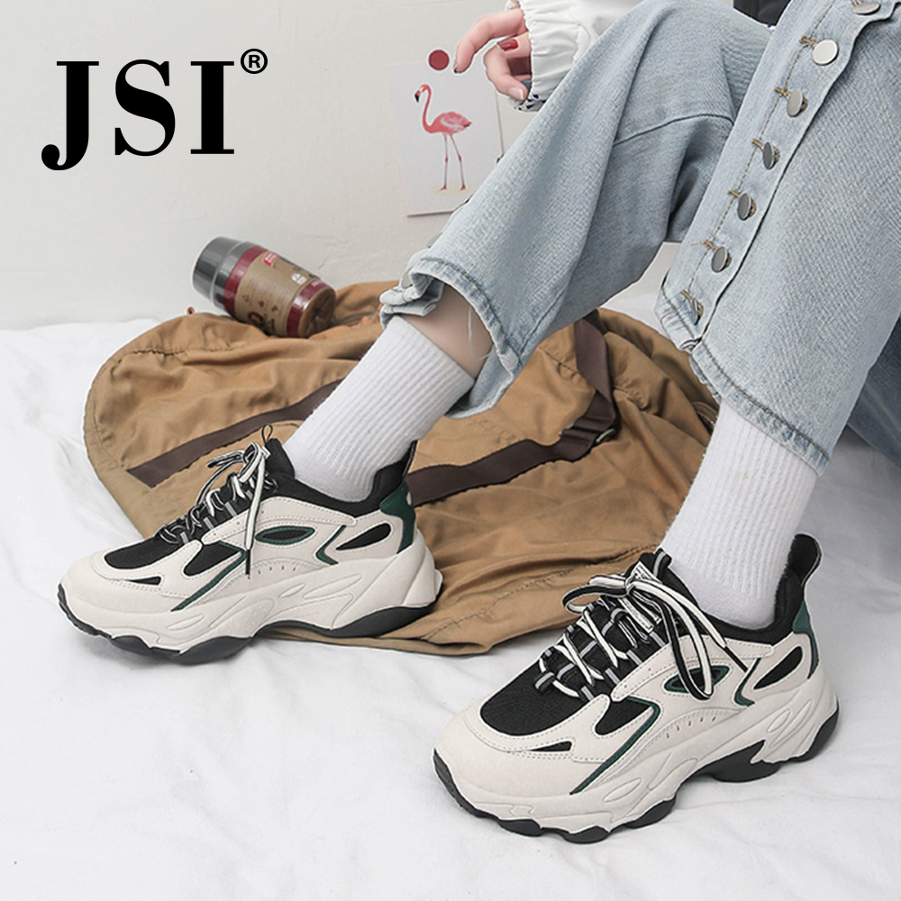 JSI Women Chunky Flat Platform Sneakers Round Toe Lace-Up Mixed Colors Air Mesh Casual Shoes Narrow Band Breathable Sneakers JY2