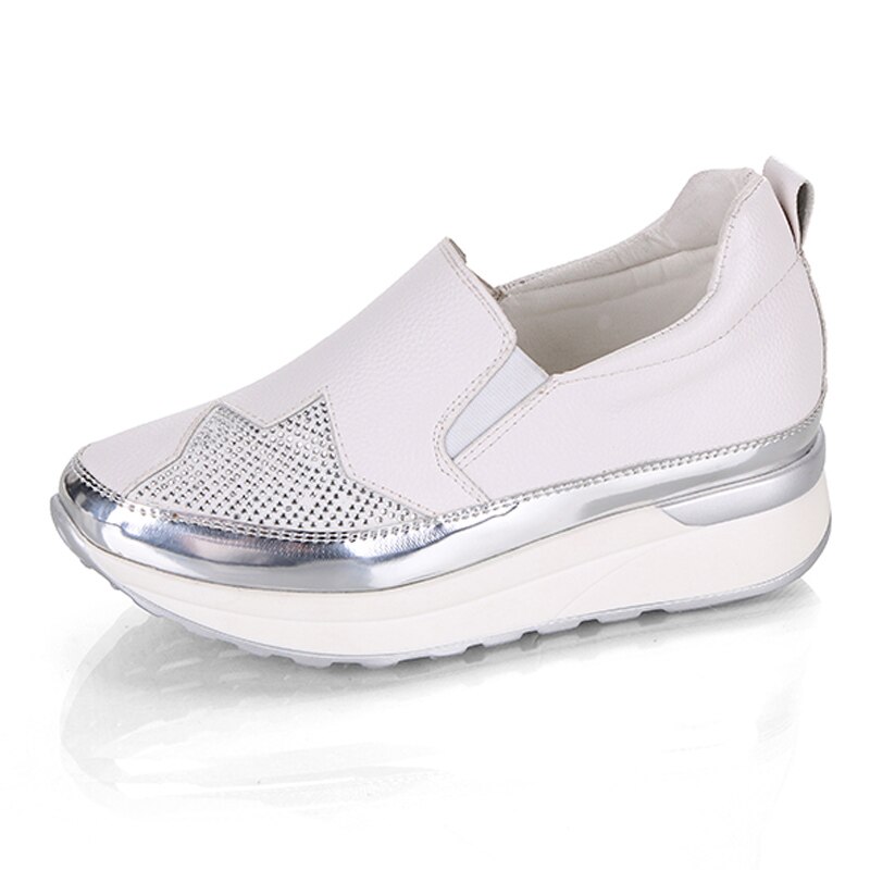 Comfort creepers bling loafers silver platåskor kvinna slip on swing kvinnor lägenheter skor zapatos de mujer wedge sneakers: Vit / 38