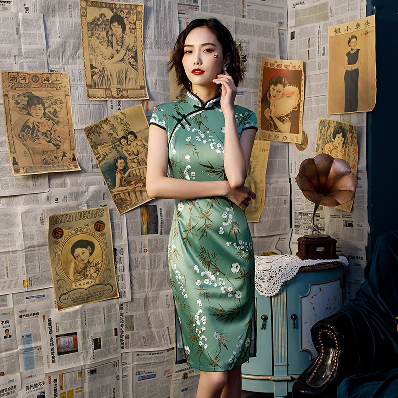 Robes élégantes et Banquet du genou chinois Qiapo soie vert vêtements de soirée femme Vestido chine moderne Qipao robe Shanghai: XL