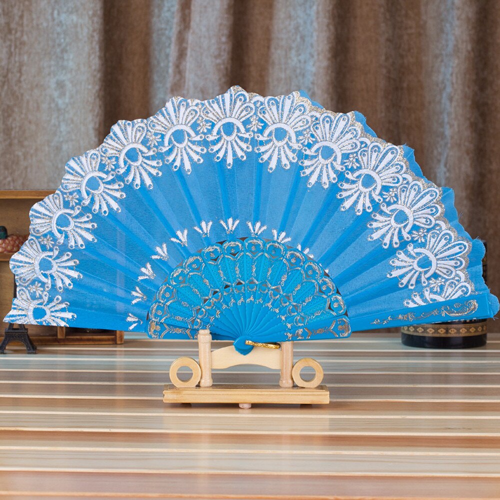 Zomer Chinese/Spaanse Stijl Dance Wedding Party Lace Silk Folding Handheld Bloem Fan Kleurrijke: Sky Blue