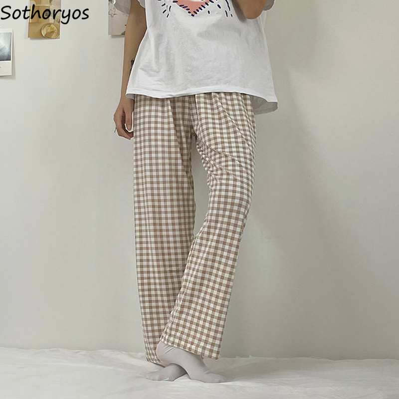 Pantalones de dormir a cuadros para mujer, ropa de dormir de estilo coreano, prendas de vestir holgadas y transpirables, para el día a día