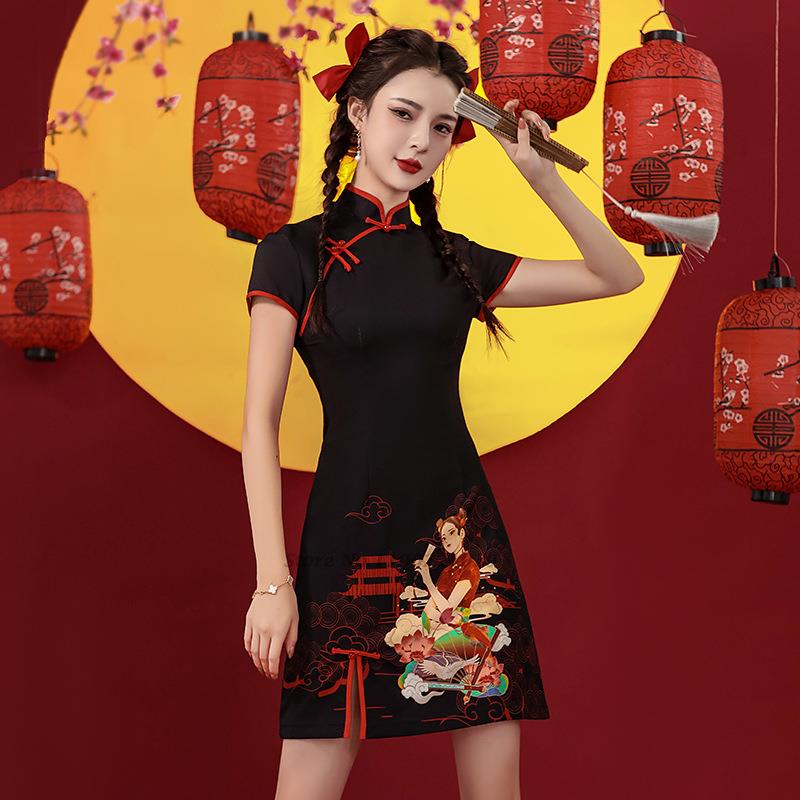 Chinese Traditional Dress Ink Printing Chiffon Dress