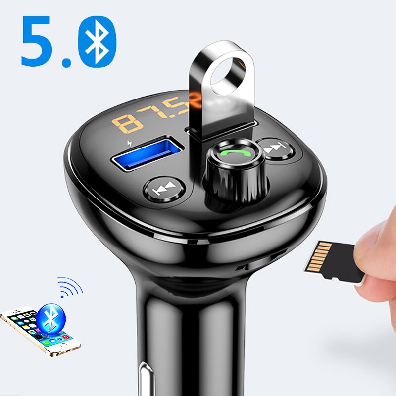 Modulador FM negro con Bluetooth 5,0, Chip QC3.0, Cargador rápido, USB Dual, TF, U Disk, reproductor de música, Kit de manos libres para coche