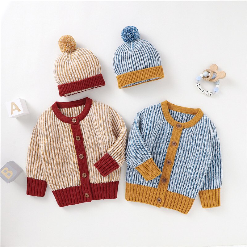 Baby Jongens Meisjes Gemengde Kleur Truien Casual Warme Herfst Winter Jas Lange Mouw Knoppen Gebreide Trui Top + Bal Caps pasgeboren Kids