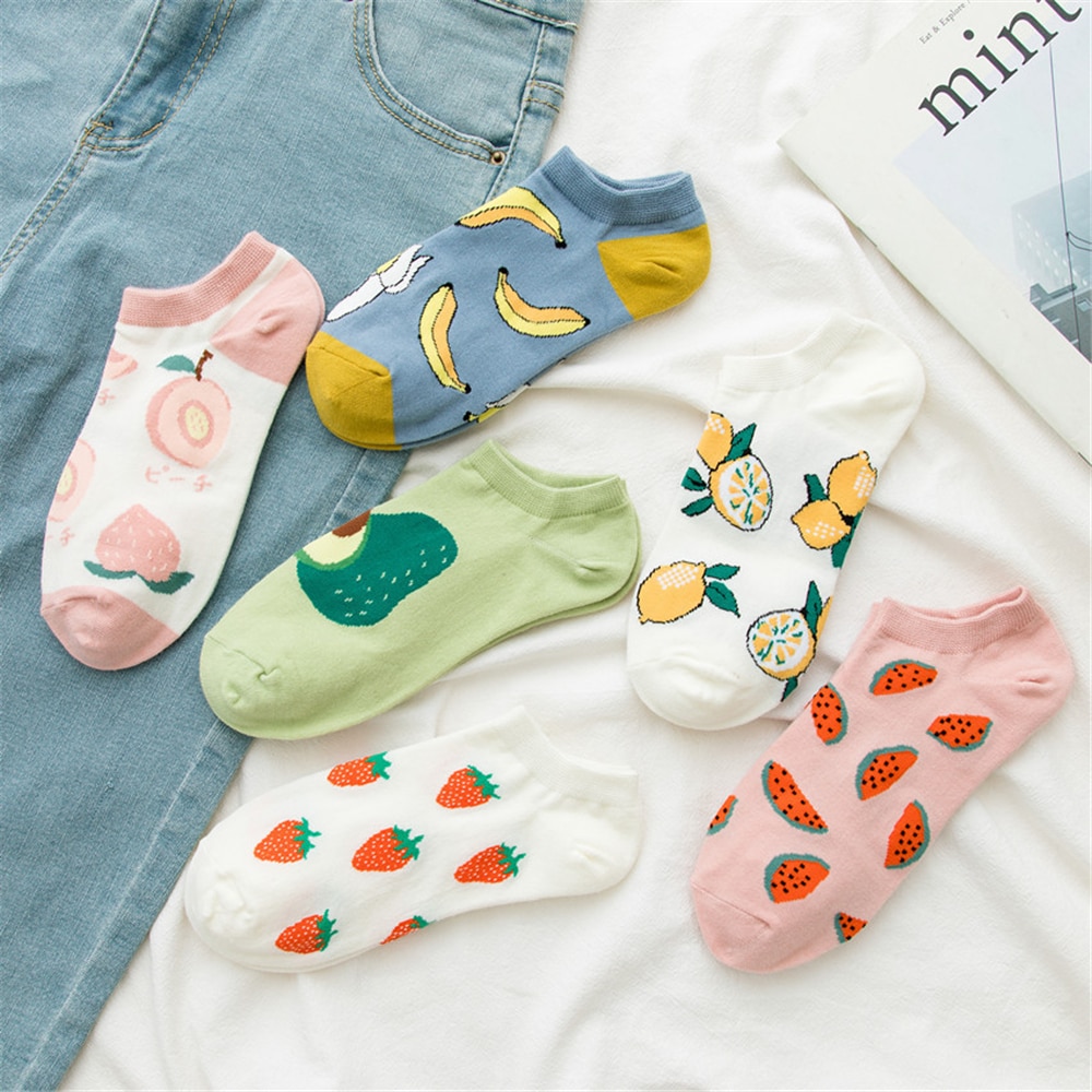 Girls summer funny cute cartoon happy fruit socks avocado strawberry watermelon banana lemon peach sokken