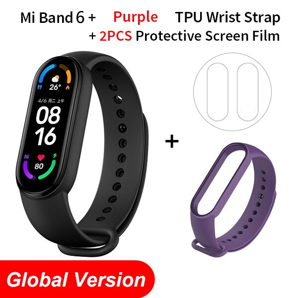 Global Version Xiaomi Mi Band 6 AMOLED Screen Blood Oxygen Fitness Traker Heart Rate 5ATM Waterproof Smart Band 5 Color Bracelet: Global N PurpleStr