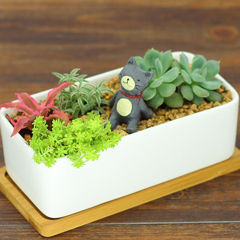 Vasetto In Ceramica Bianca Rettangolare Per Piante Grasse Con Vassoio In Legno - 17x8,5x5,7 Cm - Decorazione Da Tavolo