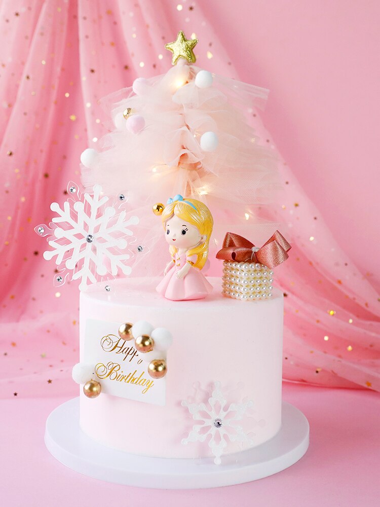Costume de noël rose en fil d'arbre | Décorations de princesse de neige pour filles, décoration de gâteau, fournitures pour fête d'enfants, pour la pâtisserie, adorables