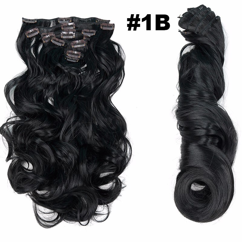 Feibin Clip en extensiones de cabello, peluca de pelo largo sintético ondulado 22 pulgadas 55cm, resistente al calor: #1B
