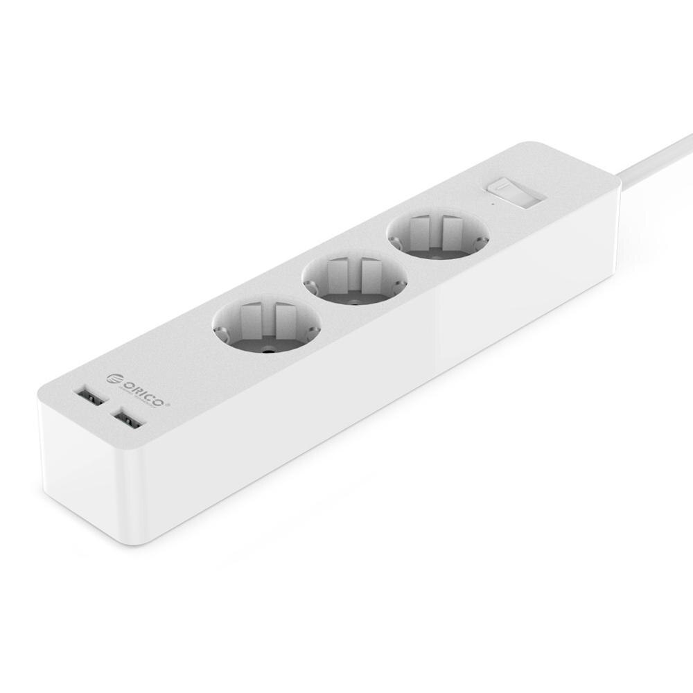 ORICO 3/5 AC+2 USB Power Strip with USB Electronic Socket Home Office Surge Protector EU Plug hargers Extension Smart Socket: 3 AC Outlets white