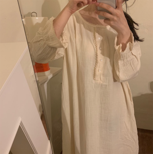 O-Neck Cotton Sleepwear Vintage Loose Homewear Nightgown Long Midi Dress Pearls Buttons Soft Long Sleeve Korean Kawaii: apricot