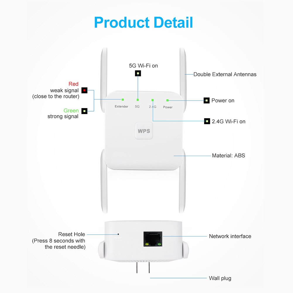 1200Mbps 2.4G 5G Wireless Extender Repeater WiFi Signal Range Booster Amplifier Antenna Signal Booster Access Point